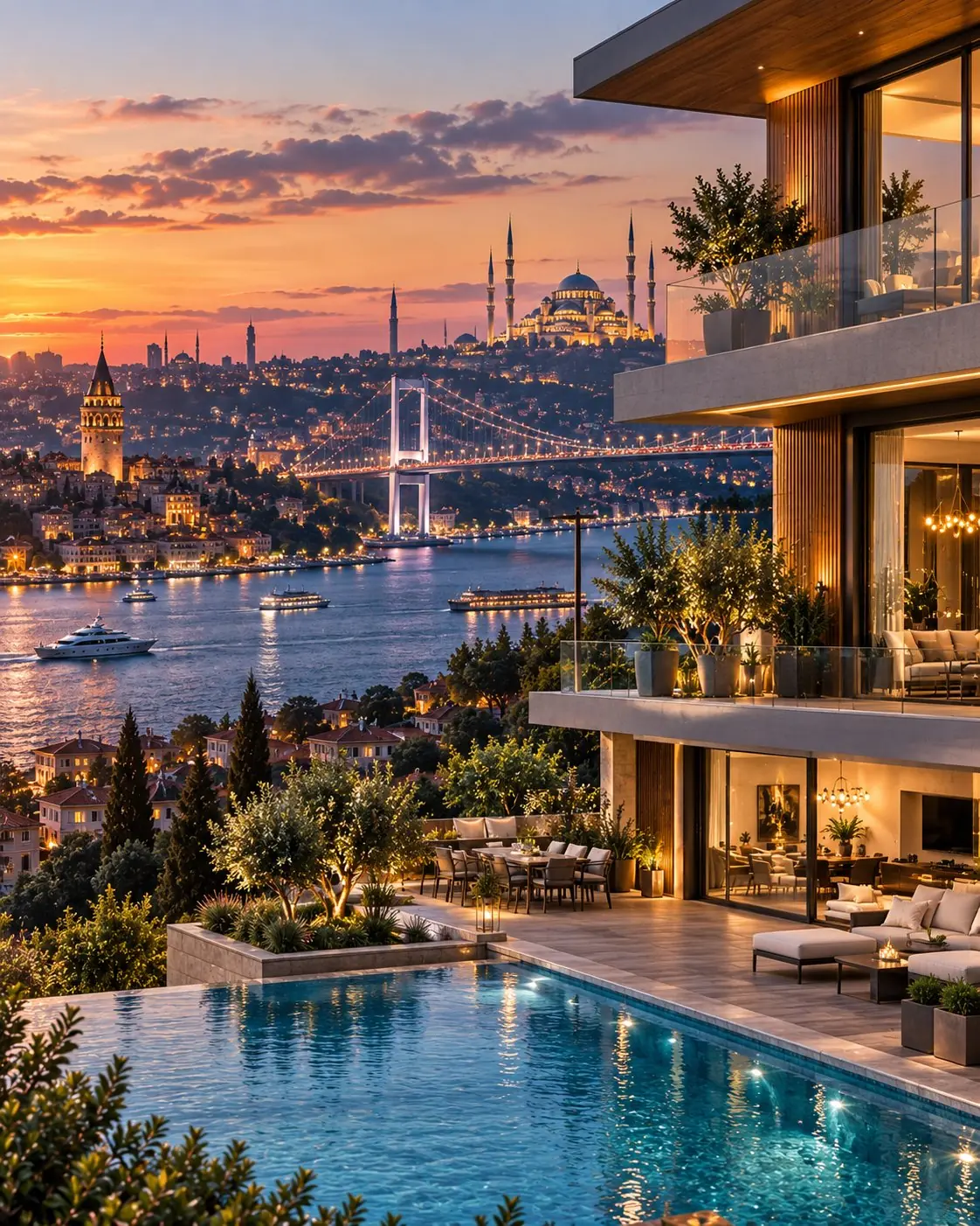 İstanbul Boğazı manzaralı lüks villa terası